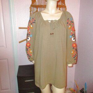Studio Embroidered Tunic Top Size 3X Modal 3/4 Sleeves Peasant Boho Festival